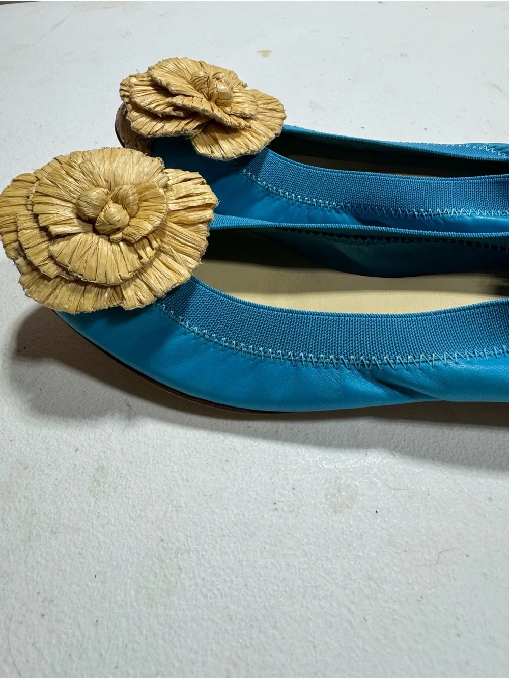 CHANEL Turquoise Ballet Flats with Raffia Flower